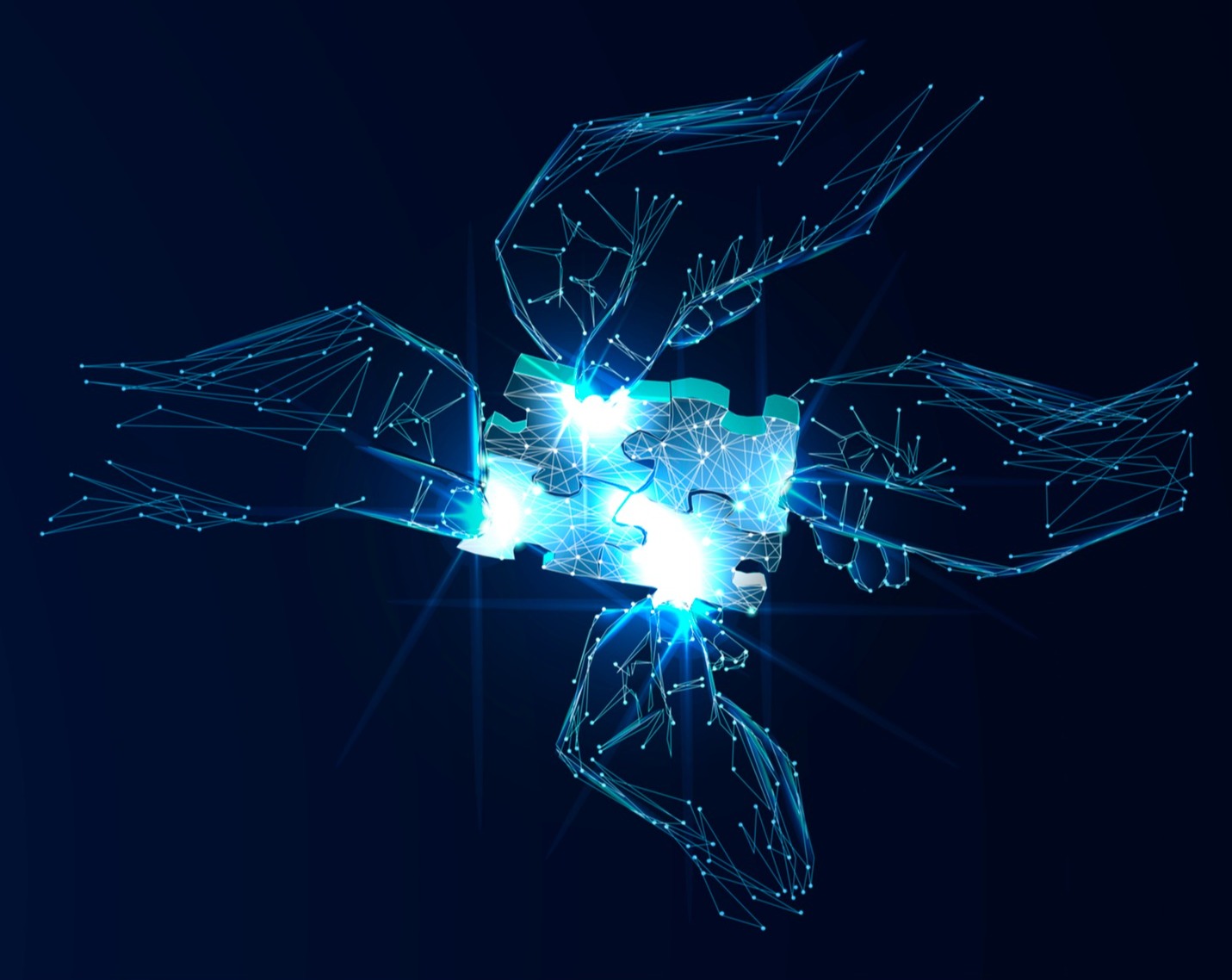 Digital hands putting together puzzle pieces representing AI Digital hands putting together puzzle pieces representing AI